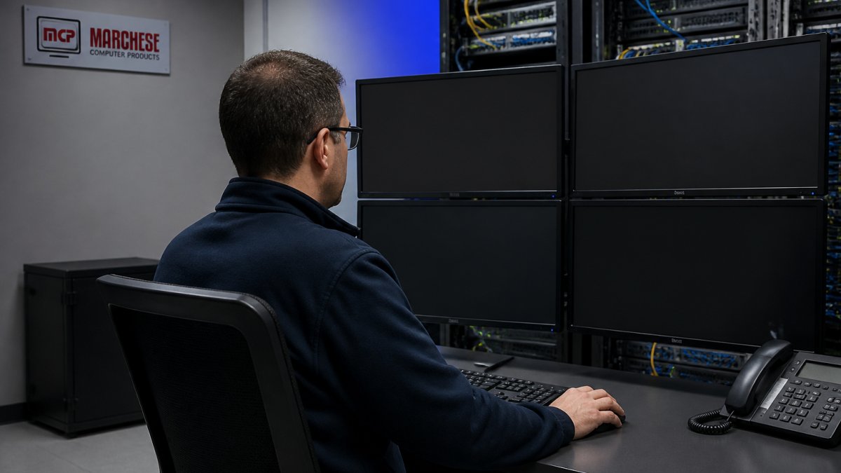 IT technician analyzing real-time network dashboards for proactive network monitoring in a modern server room