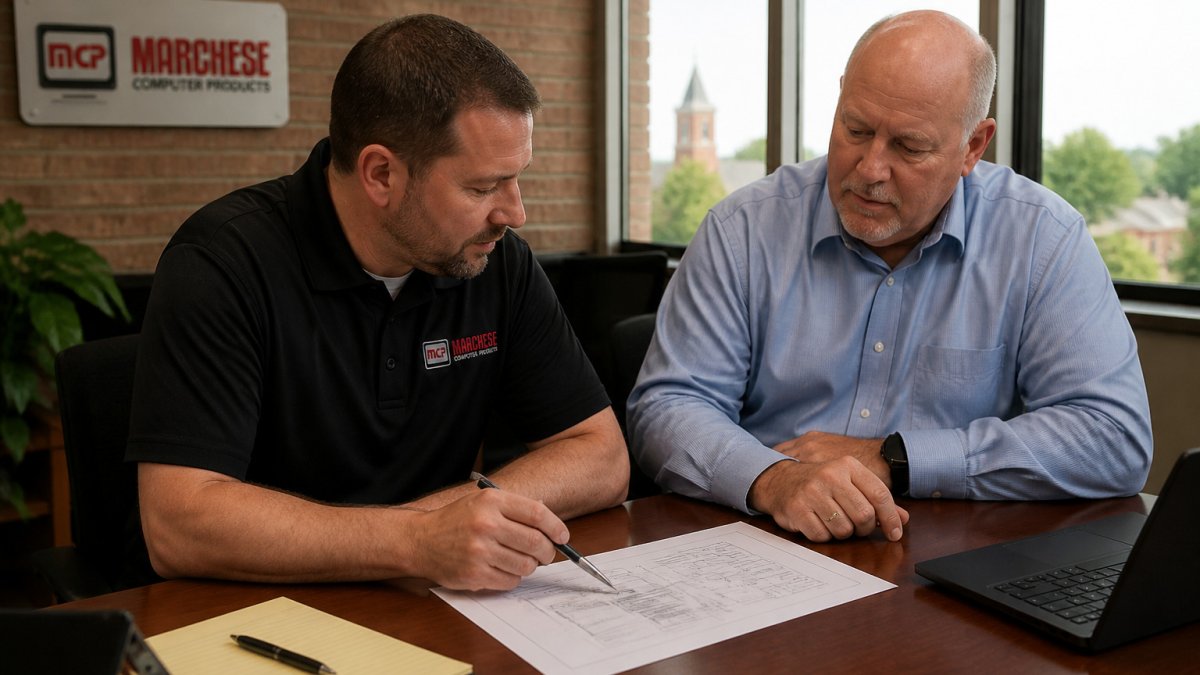 Business owner and consultant comparing IT consulting services in Western New York via a network diagram flow chart