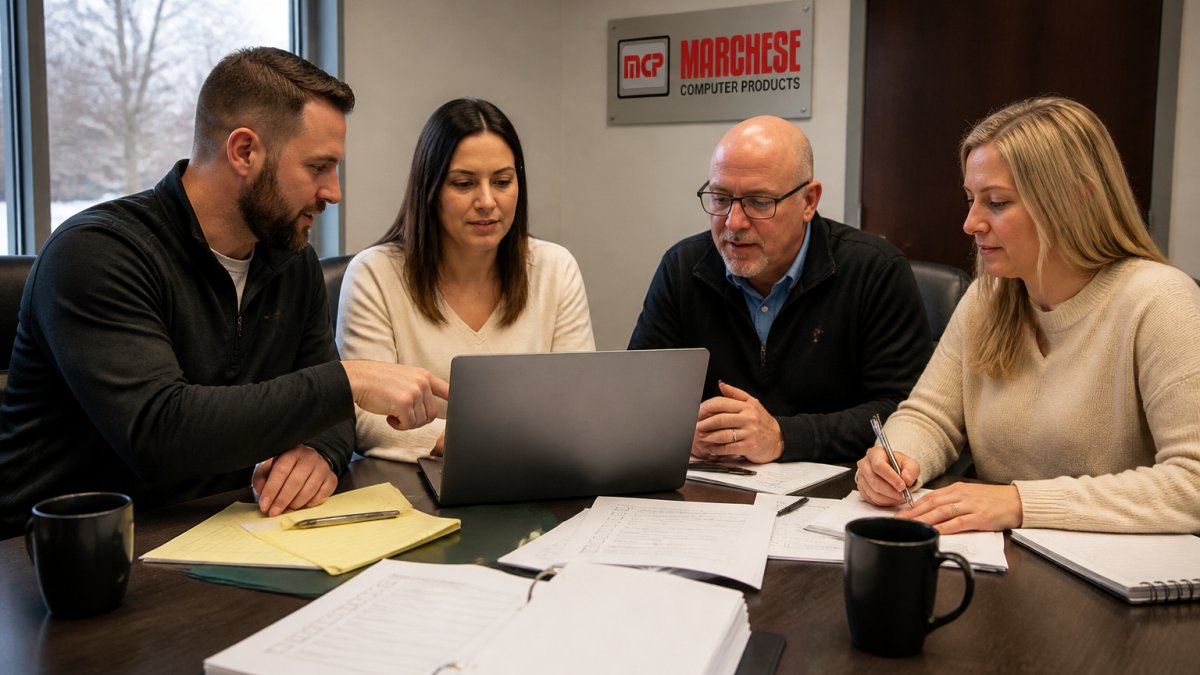 Small business team gathered in a conference room reviewing transition plans and documentation on a laptop, with printed checklists and notes visible on the table