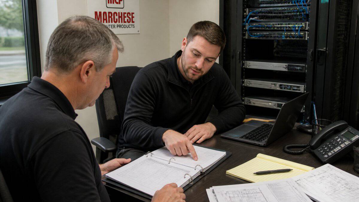 Small business owner and IT technician reviewing system monitoring dashboards together at a desk with multiple computer monitors, network documentation, and technical equipment visible, demonstrating collaborative IT support