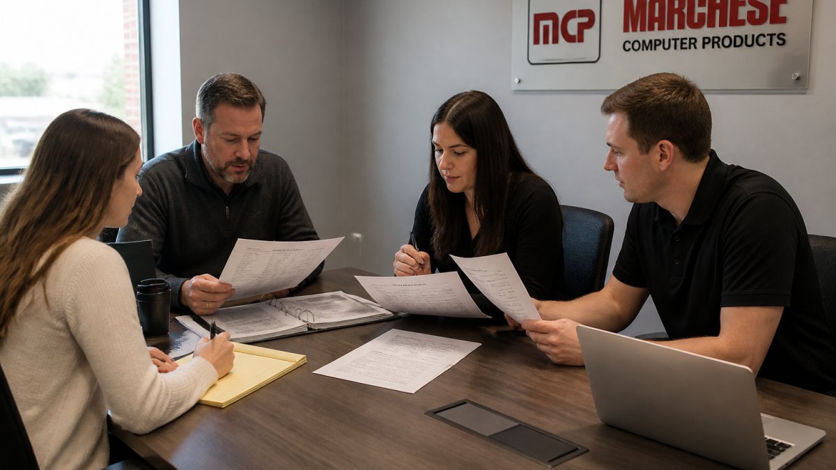 Small office team gathered around a conference table reviewing printed disaster recovery documentation and backup procedures together, with laptops and planning documents visible in natural office lighting