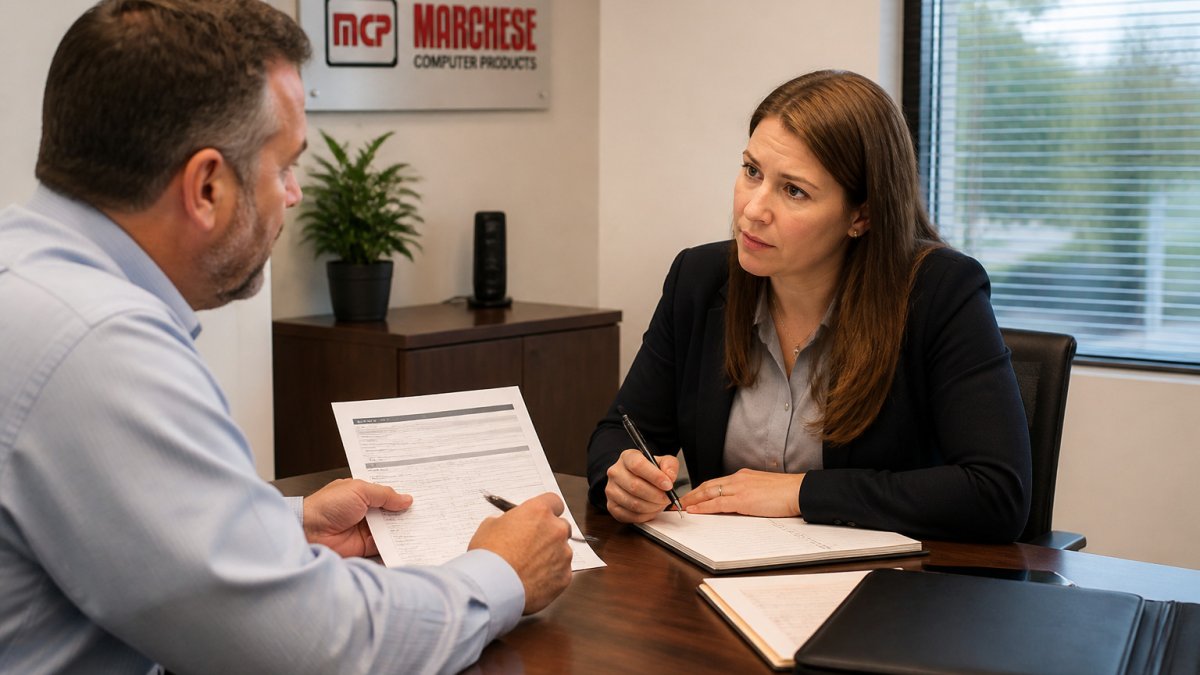 Operations manager reviewing a service agreement with their IT provider in an office setting